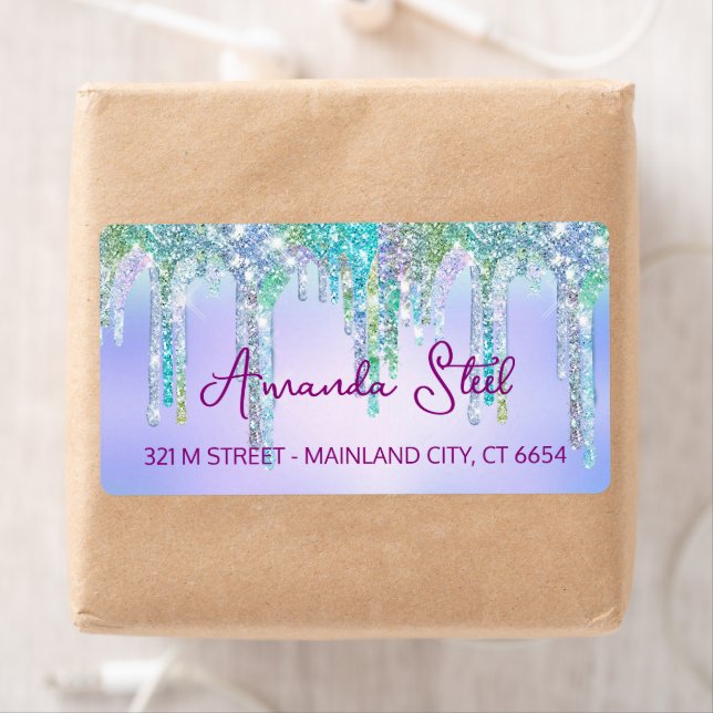Cute Aqua Turquoise Unicorn Glitter Drips monogram Label (Insitu)