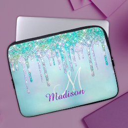 Cute Aqua Turquoise Unicorn Glitter Drips monogram Laptop Sleeve