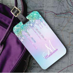 Cute Aqua Turquoise Unicorn Glitter Drips monogram Luggage Tag