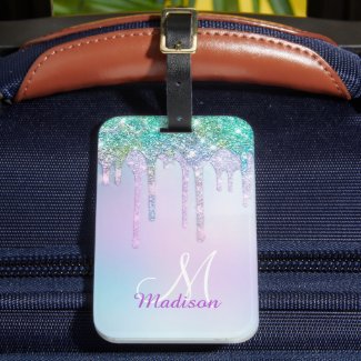 Cute Aqua Turquoise Unicorn Glitter Drips monogram