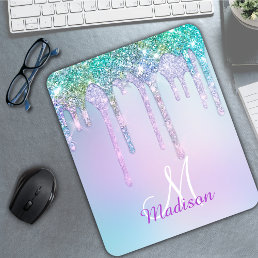 Cute Aqua Turquoise Unicorn Glitter Drips monogram Mouse Pad