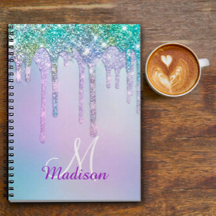 Cute Aqua Turquoise Unicorn Glitter Drips monogram Notebook