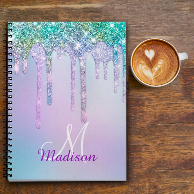 Cute Aqua Turquoise Unicorn Glitter Drips monogram Notebook (Creator Uploaded)