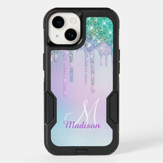 Cute Aqua Turquoise Unicorn Glitter Drips monogram Otterbox iPhone Case (Back)