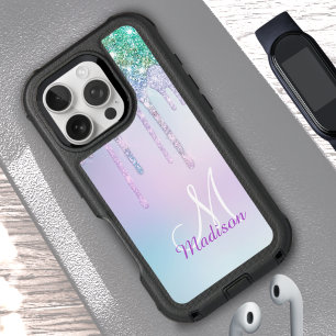 Cute Aqua Turquoise Unicorn Glitter Drips monogram iPhone 16 Pro Case