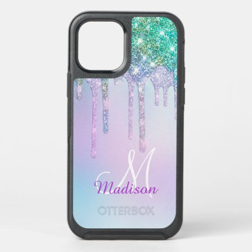 Cute Aqua Turquoise Unicorn Glitter Drips monogram OtterBox Symmetry iPhone 12 Pro Case