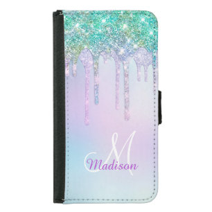 Cute Aqua Turquoise Unicorn Glitter Drips monogram Samsung Galaxy S5 Wallet Case