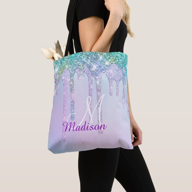Cute Aqua Turquoise Unicorn Glitter Drips monogram Tote Bag (Close Up)