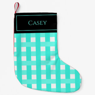 Cute Aqua White Black Plaid Name Small Christmas Stocking
