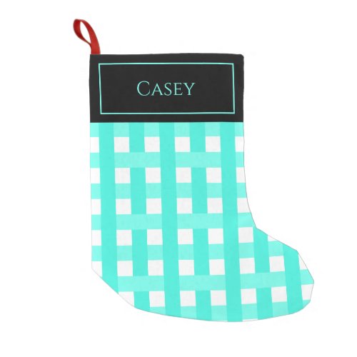 Cute Aqua White Black Plaid Name Small Christmas Stocking