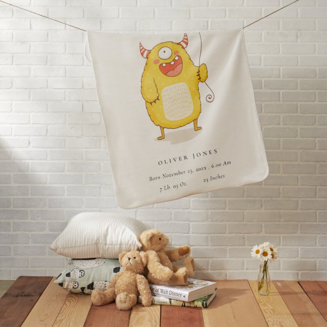 Cute Aqua Yellow Little Happy Monster Birth Stat Baby Blanket (In Situ)