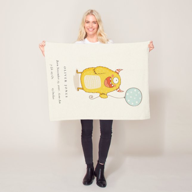 Cute Aqua Yellow Little Happy Monster Birth Stat Fleece Blanket (In Situ)