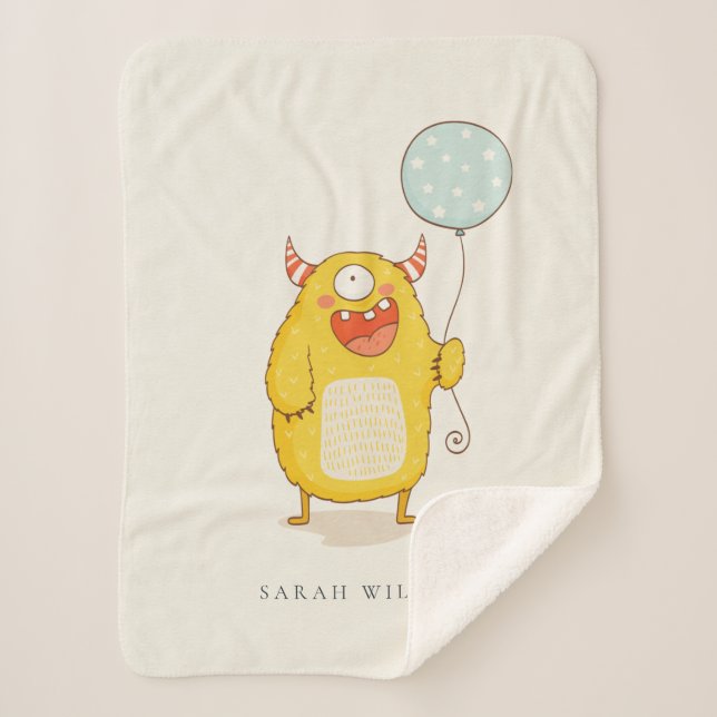 Cute Aqua Yellow Little Happy Monster Custom Sherpa Blanket (Front)