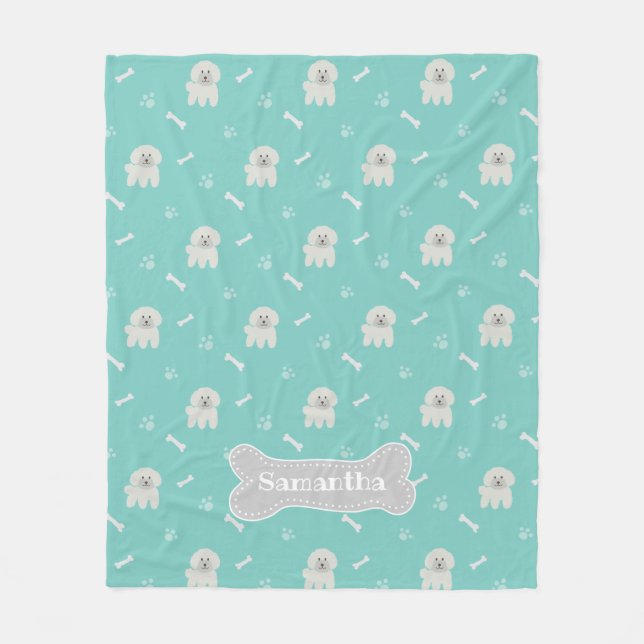 Cute Aquamarine Fluffy White Poodle Puppy Dog Bone Fleece Blanket (Front)