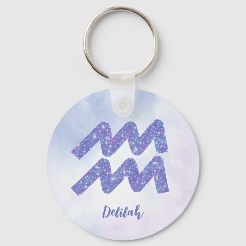 Cute Aquarius Astrology Sign Personalized Purple Keychain