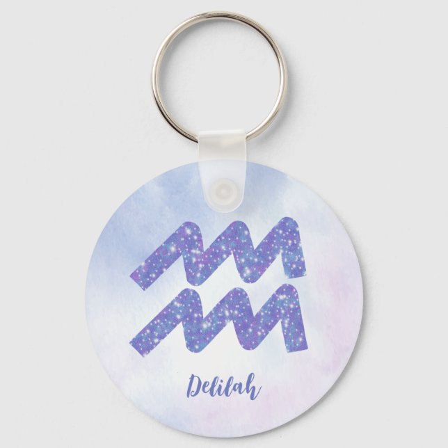 Cute Aquarius Astrology Sign Personalized Purple Keychain (Front)