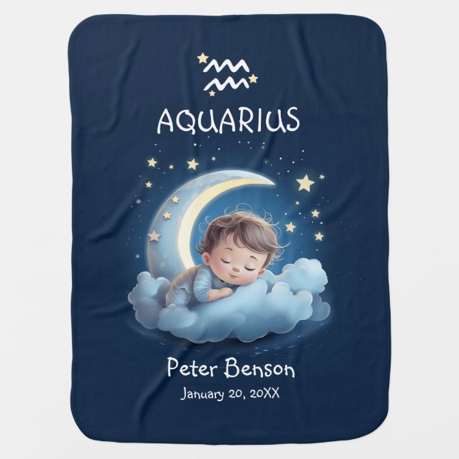 Cute Aquarius Baby Sleeping Moon Zodiac Astrology Baby Blanket (Front)