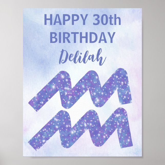 Cute Aquarius Personalized Purple Birthday Party Poster (Front)
