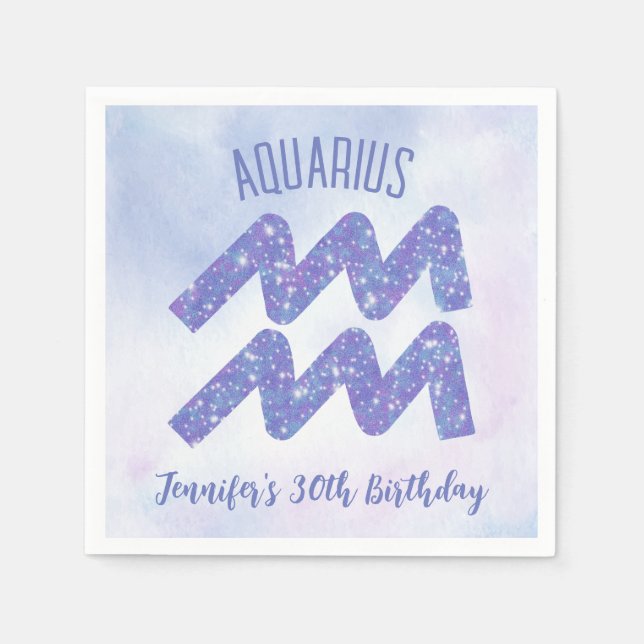 Cute Aquarius Purple Astrology Sign Birthday Party Napkins (Front)