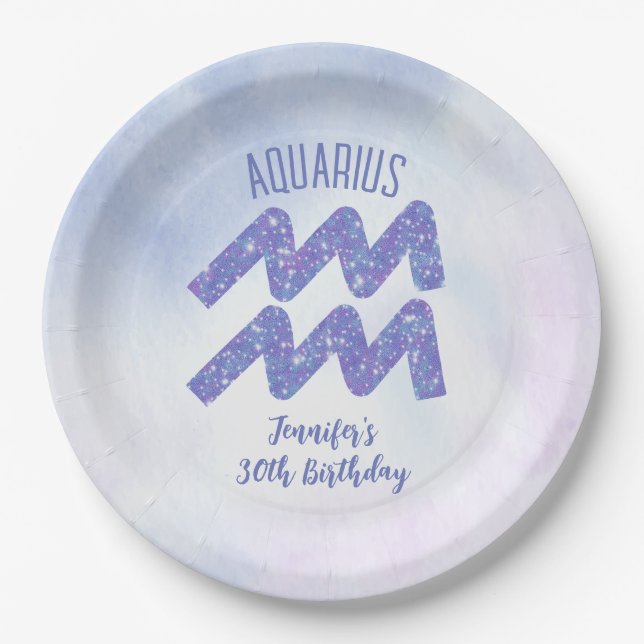 Cute Aquarius Purple Astrology Sign Birthday Party Paper Plates (Front)