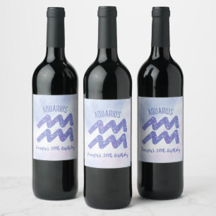 Cute Aquarius Purple Astrology Sign Birthday Party Wine Label