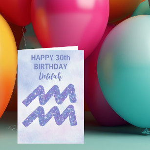 Cute Aquarius Sign Custom Purple Happy Birthday Card