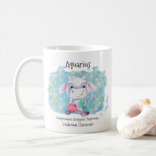 Cute Aquarius Watercolor Bull Zodiac Monogram Coffee Mug