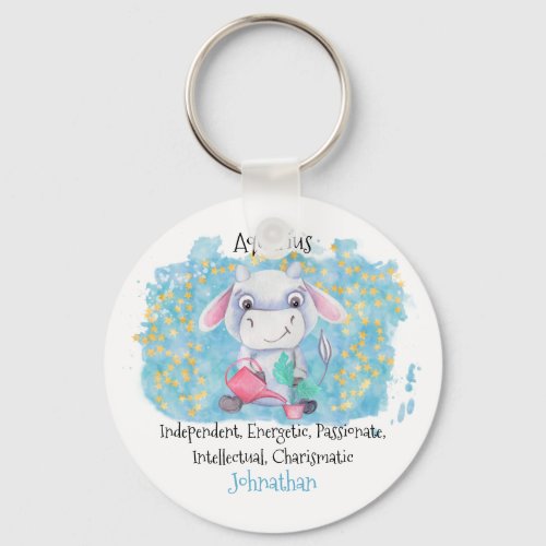 Cute Aquarius Watercolor Bull Zodiac Personalized  Keychain