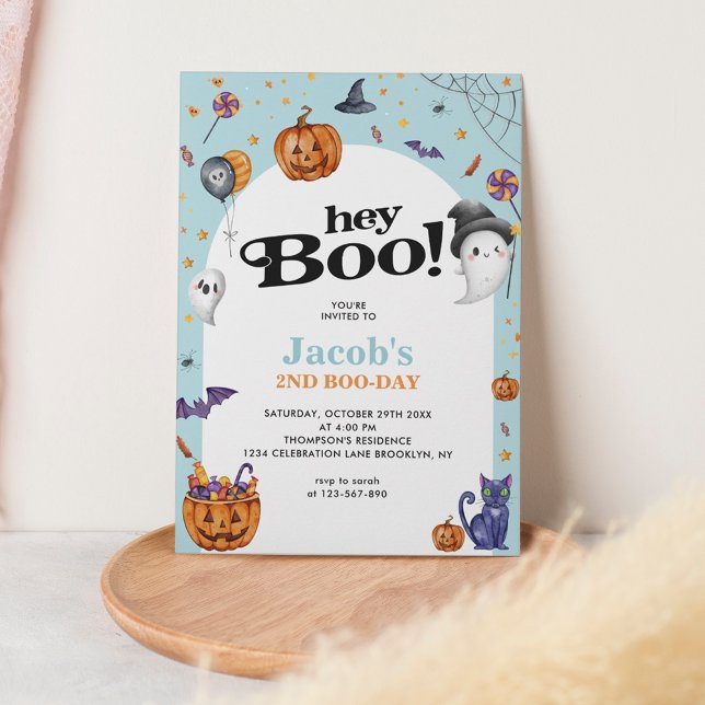 Cute Arch Blue Hey Boo Halloween Kids Birthday Invitation (Creator Uploaded)