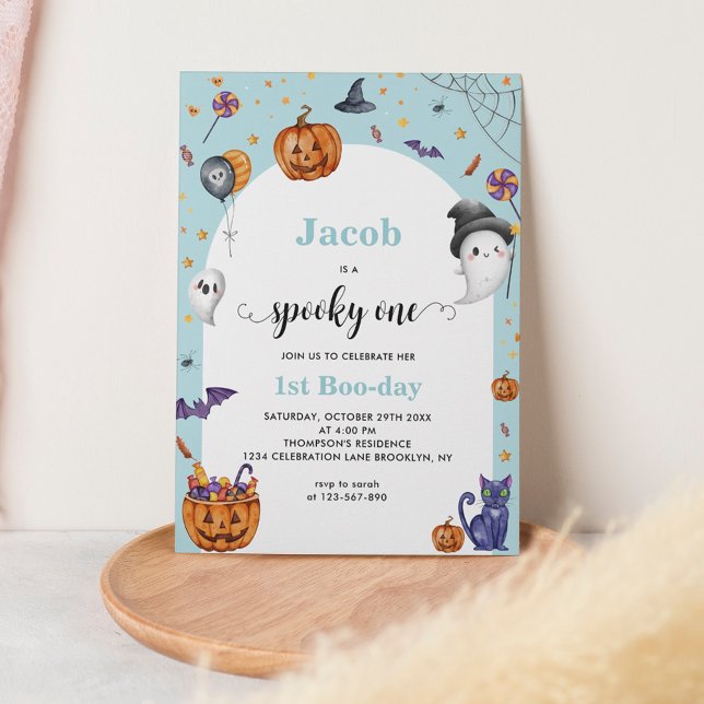Cute Arch Blue Spooky One 1st Halloween Birthday Invitation (Creator Uploaded)