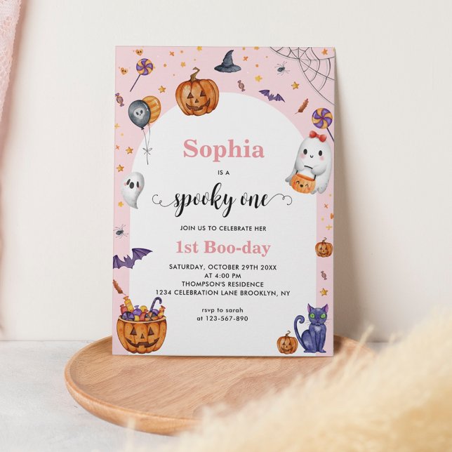 Cute Arch Pink Spooky One 1st Halloween Birthday Invitation (Creator Uploaded)
