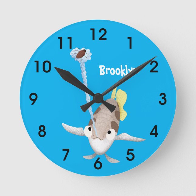Cute Archerfish cartoon illustration Round Clock (Front)
