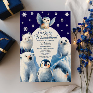 Cute Arctic Animals Blue Winter Kids Birthday Invitation