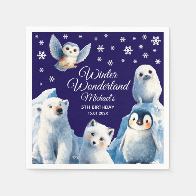 Cute Arctic Animals Blue Winter Kids' Birthday  Napkins (Front)