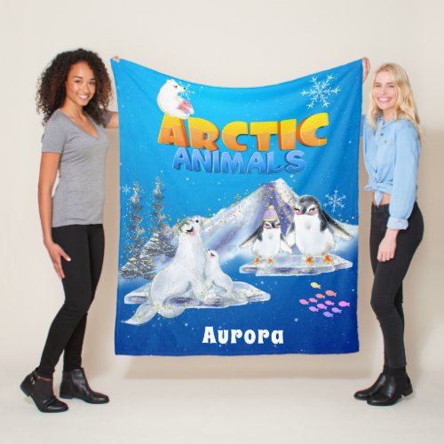 Cute Arctic Animals Custom Name  Fleece Blanket