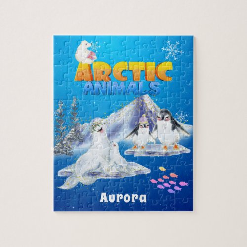 Cute Arctic Animals Custom Name  Jigsaw Puzzle
