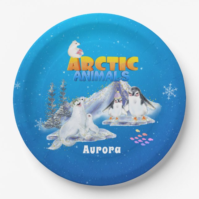Cute Arctic Animals Custom Name        Paper Plates (Front)