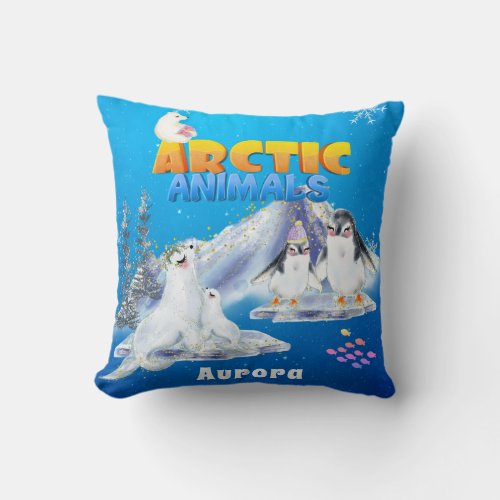 Cute Arctic Animals Custom Name Throw Pillow