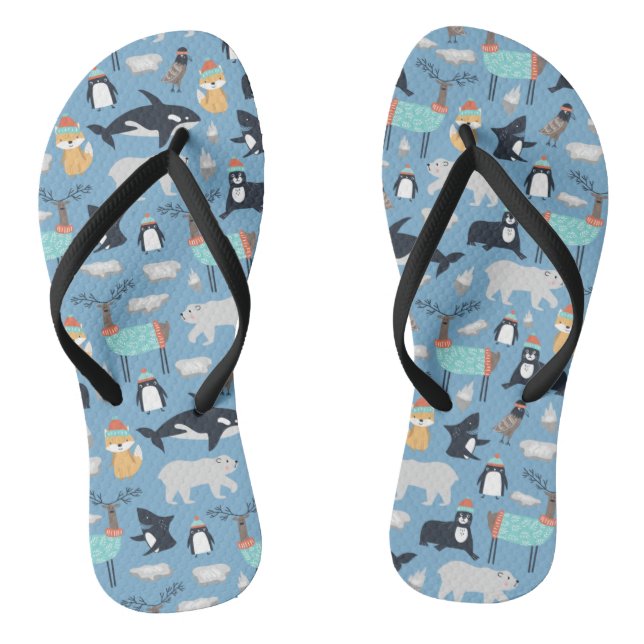 Cute Arctic Animals Seamless Pattern Flip Flops (Footbed)