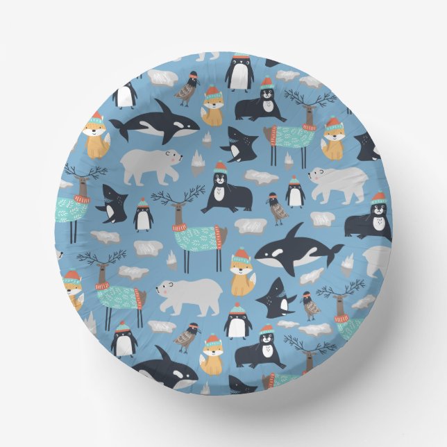 Cute Arctic Animals Seamless Pattern Paper Bowls (Front)