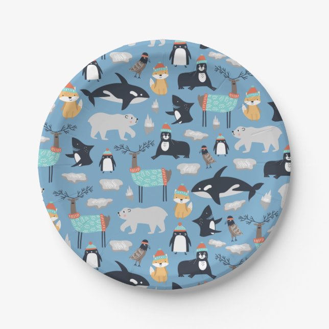 Cute Arctic Animals Seamless Pattern Paper Plates (Front)
