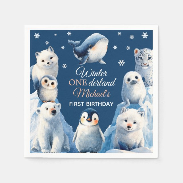 Cute Arctic Animals Winter Kids' First Birthday  Napkins (Front)