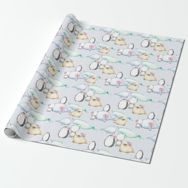 Cute Arctic Baby Animals Penguin Whale Seal Bear Wrapping Paper (Unrolled)