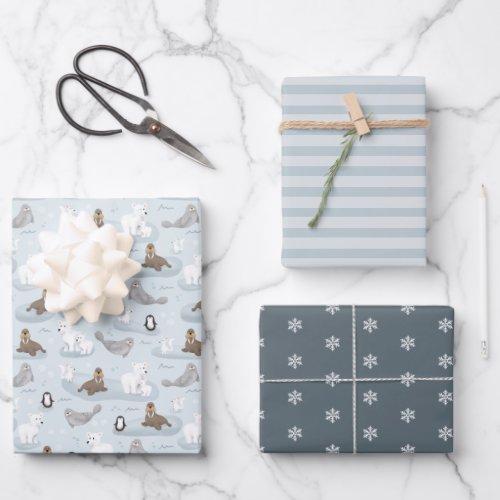 Cute Arctic Blue Winter Holiday Polar Bear Wrapping Paper Sheets