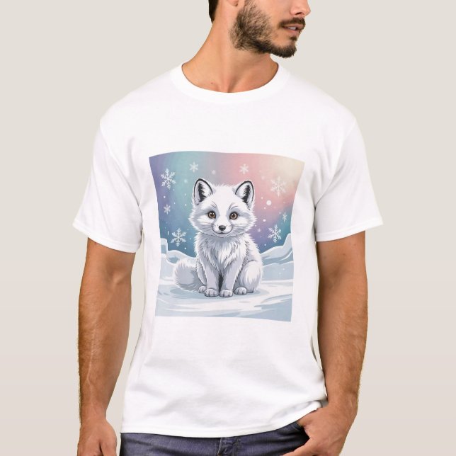 Cute Arctic Fox Baby in Snowy Landscape with Auror T-Shirt (Front)