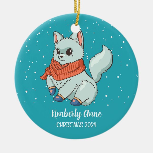 Cute Arctic Fox Christmas Snowy Winter Holiday Ceramic Ornament (Front)