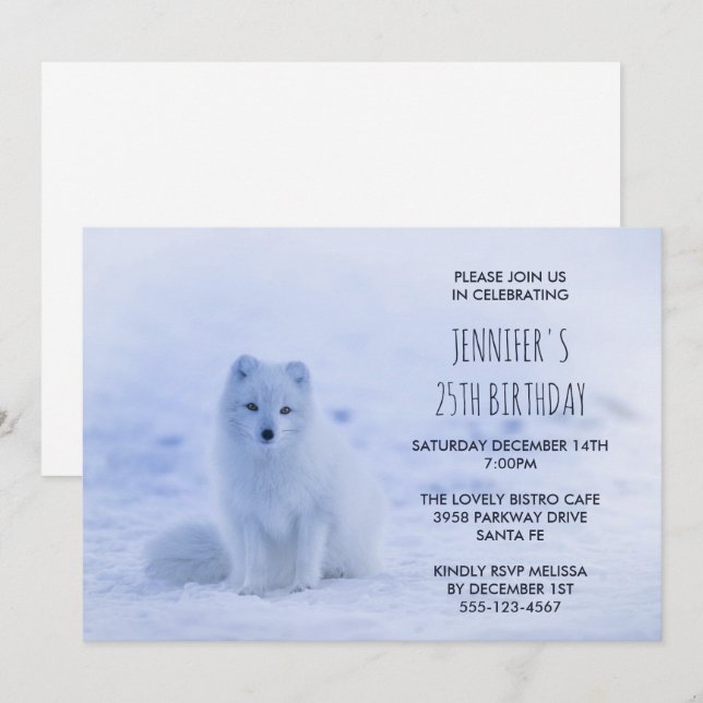 Cute Arctic Fox on Snow Birthday Party Invitation (Front/Back)