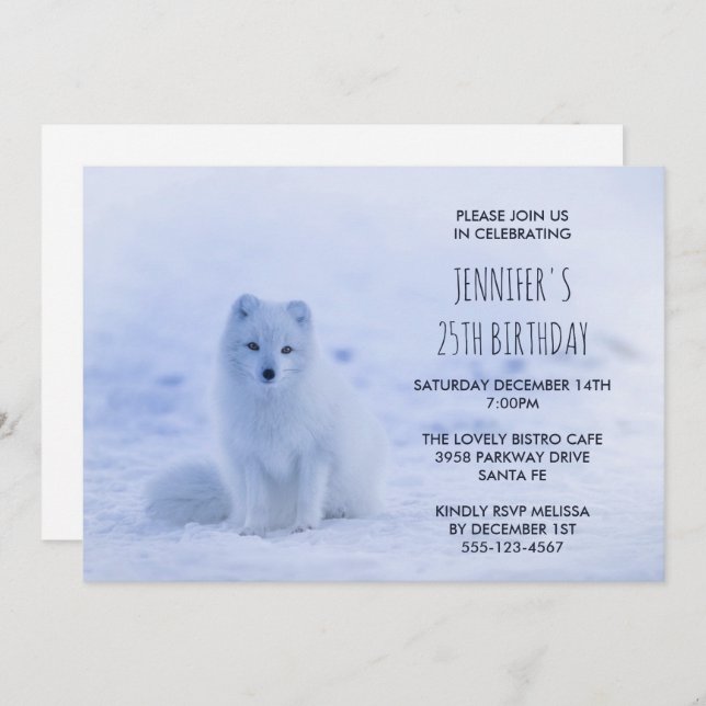 Cute Arctic Fox on Snow Birthday Party Invitation (Front/Back)