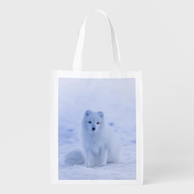 Cute Arctic Fox on Snowy Winter Background Grocery Bag (Front)