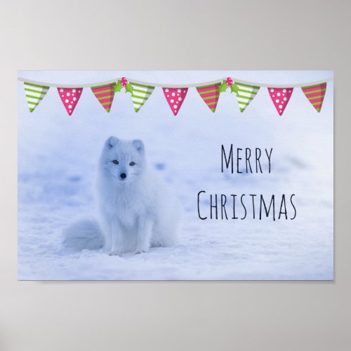 Cute Arctic Fox on Snowy Winter Background Poster